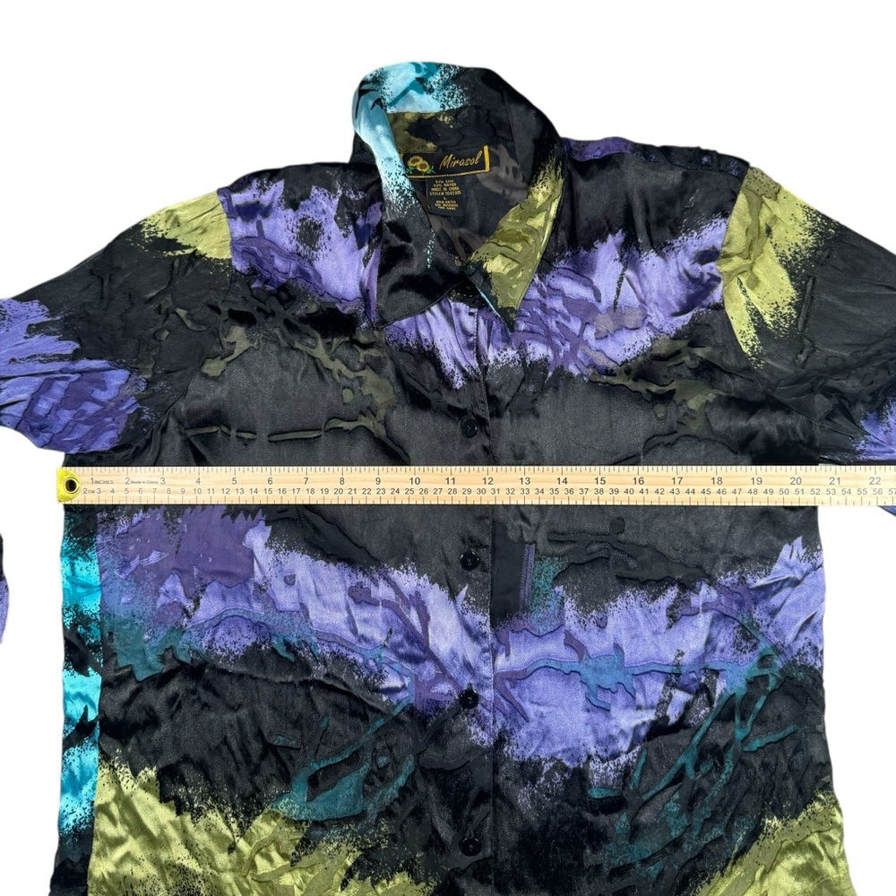 Mirasol Silk Blouse Velvet Burnout Button Down Large Multicolor Abstract Grunge - Picture 9 of 10